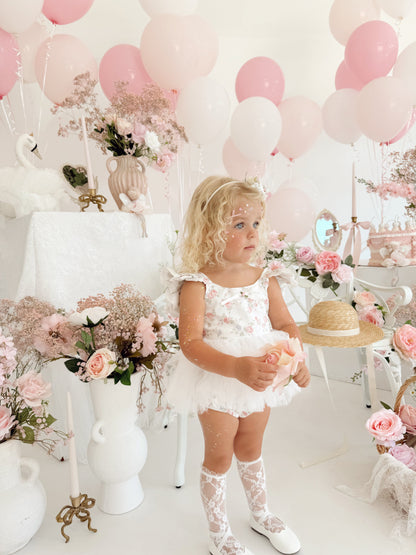 Cottage Fairy Baby Girl Floral White Tulle Party Romper