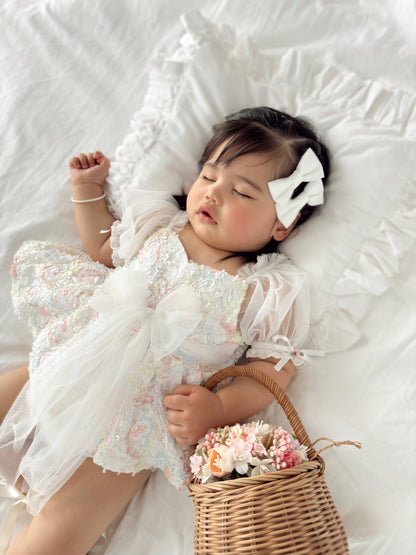 Josephine Lace Blossom Baby Girl Sequin White Tulle Party Romper