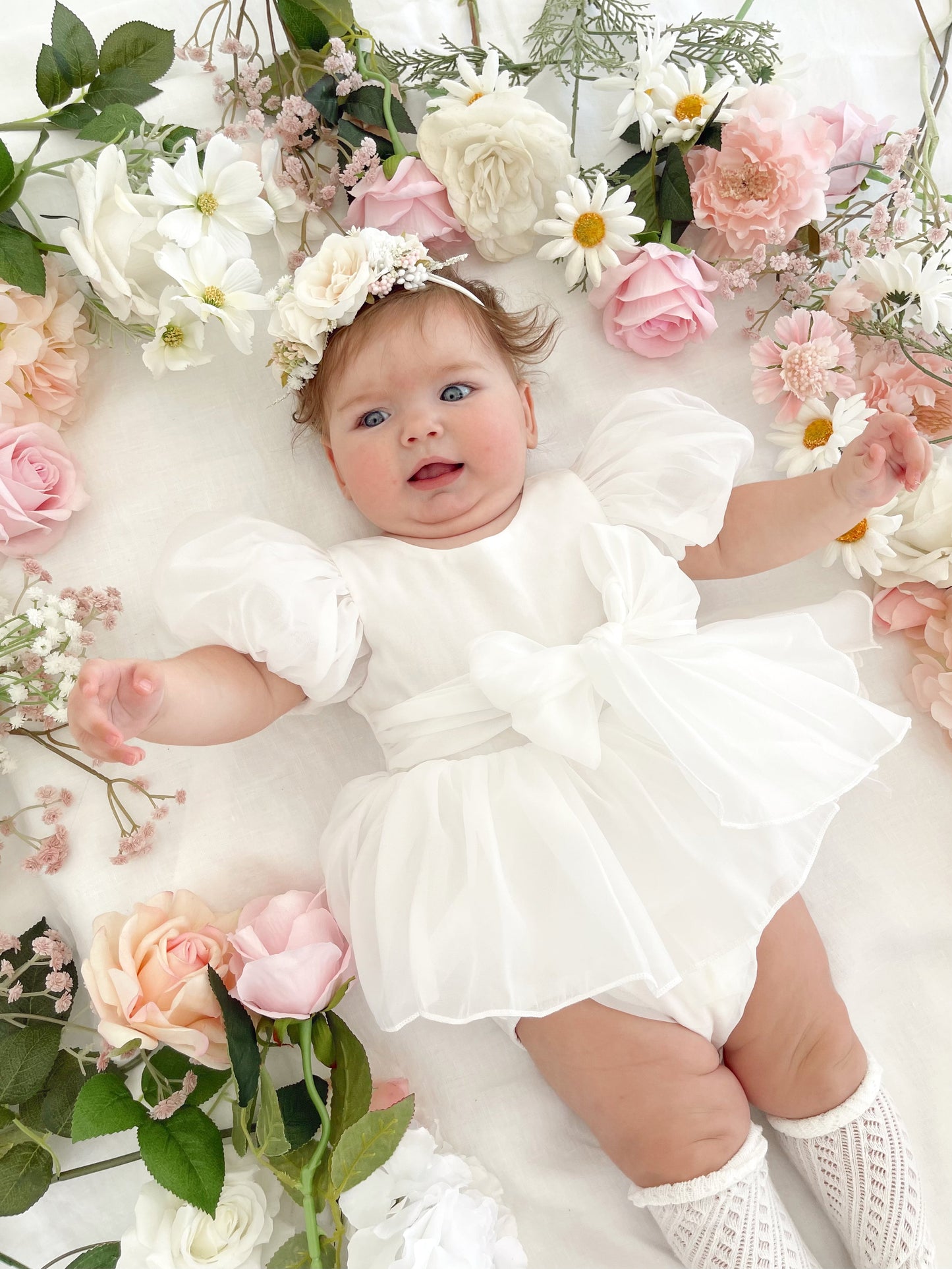 Clementine Matte White Organza Baby Girl Romper