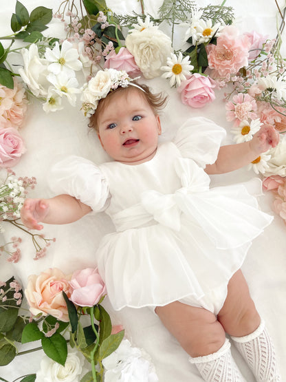 Clementine Matte White Organza Baby Girl Romper