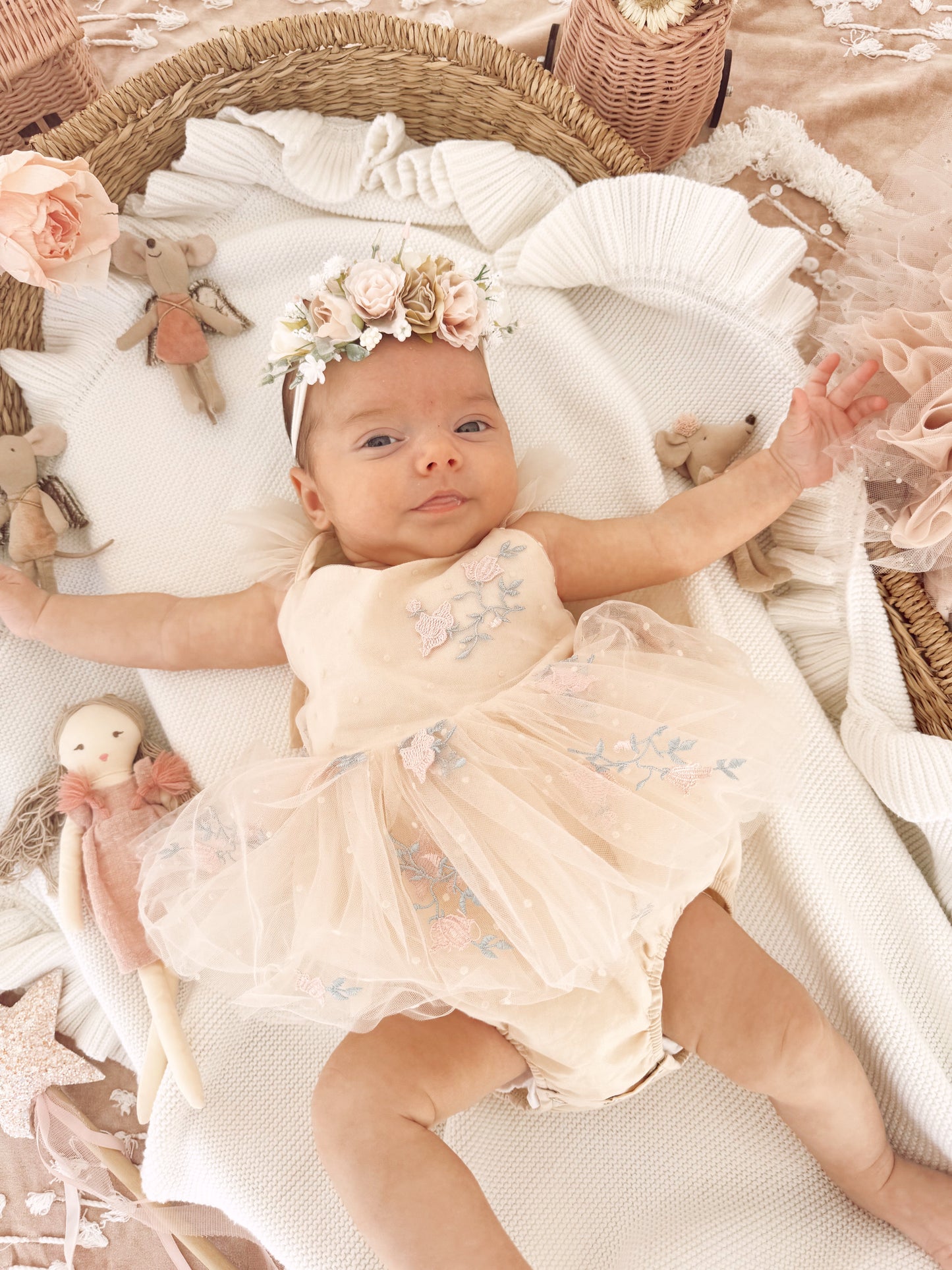 The Rose Champagne Embroidered Baby Girl Tulle Party Romper