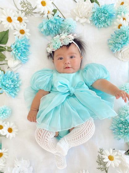 Dolly Turquoise Sky Organza Baby Girl Blue Party Romper
