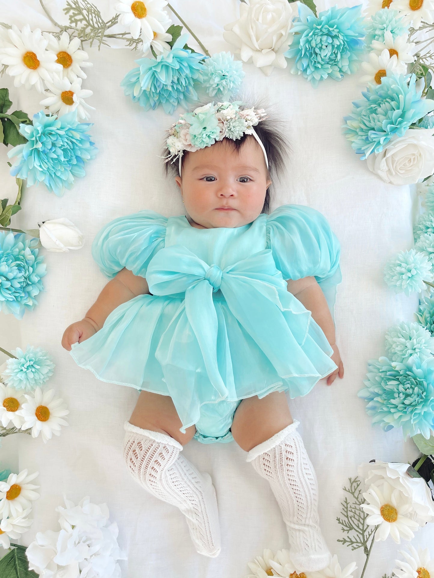Dolly Turquoise Sky Organza Baby Girl Blue Party Romper
