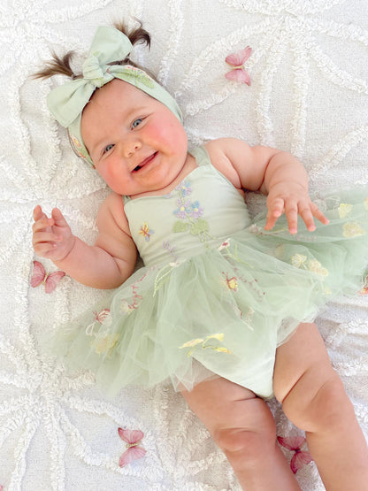 Sugar Plum Forest Green Baby Girl Tulle Party Romper