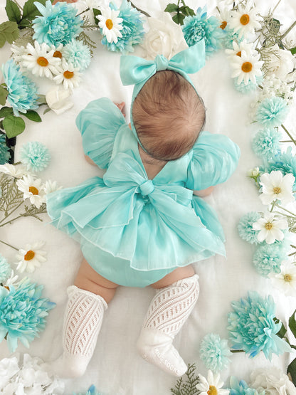 Dolly Turquoise Sky Organza Baby Girl Blue Party Romper