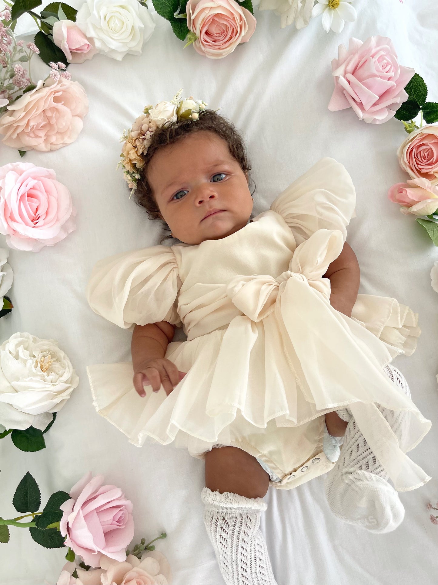 Clementine Matte Cream Organza Baby Girl Romper