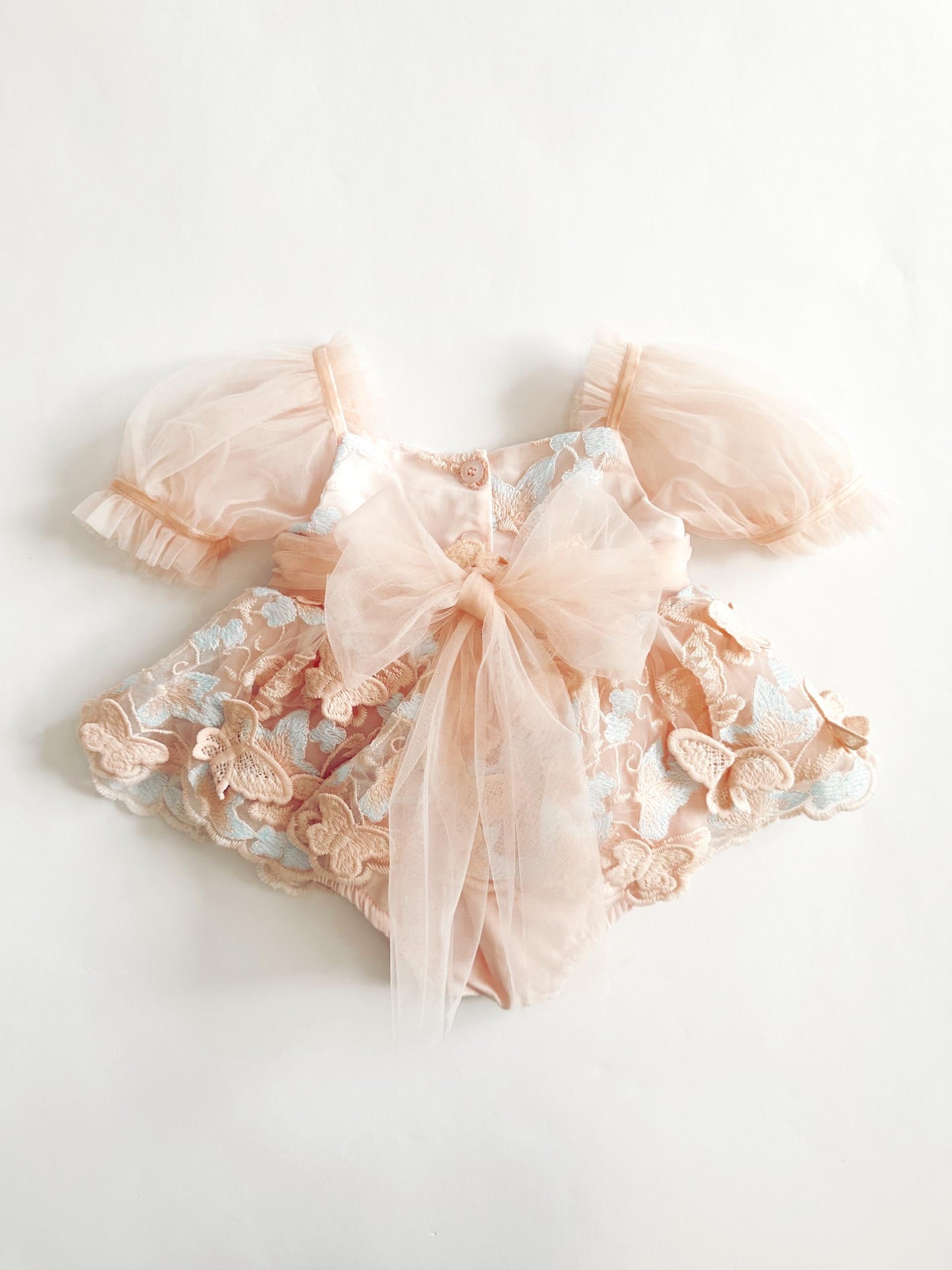 Butterfly Kisses Peach Rose Baby Girl Embroidered Tulle Party Romper