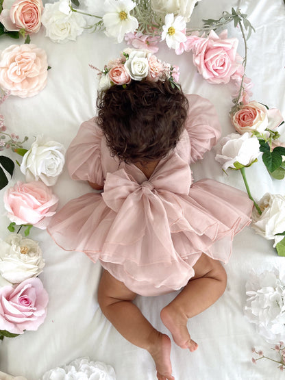 Clementine Matte Blush Rose Pink Organza Baby Girl Romper