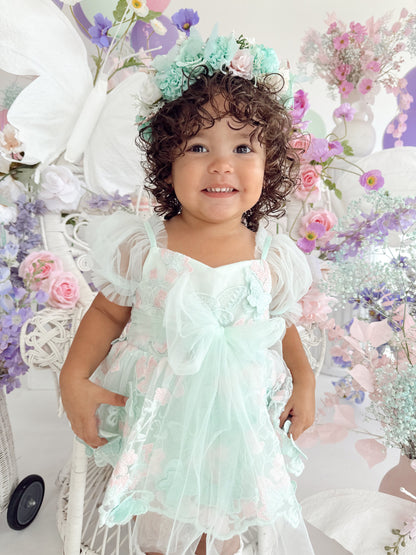 Butterfly Kisses Peppermint Pink Embroidered Baby Girl Tulle Party Romper