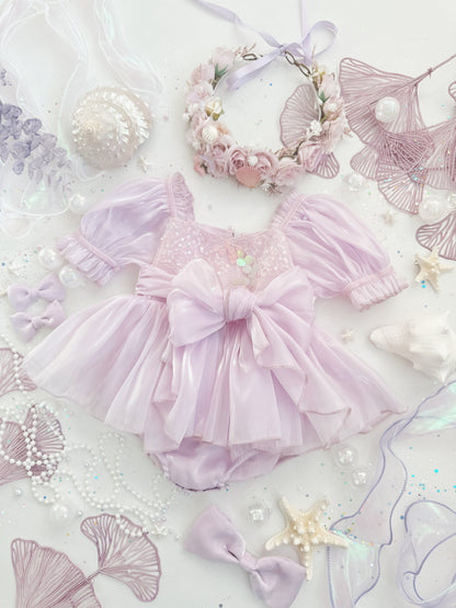 Ariel Purple Pearl Organza Sequin Baby Girl Party Romper
