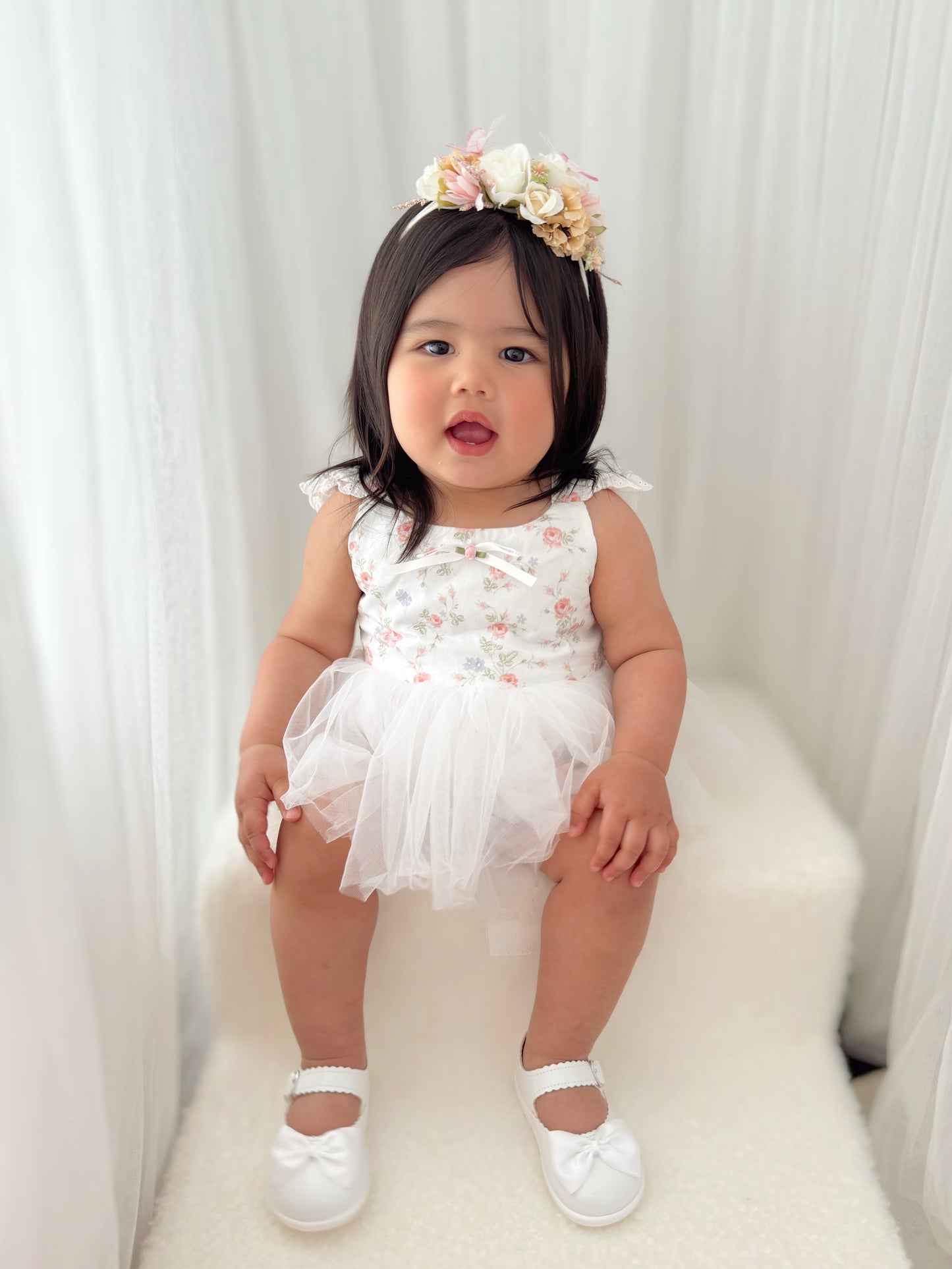 Cottage Fairy Baby Girl Floral White Tulle Party Romper
