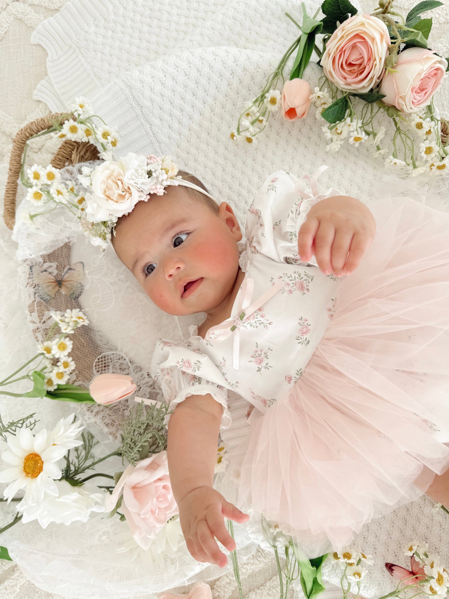Odessa Flower Perfect Pink Floral Baby Girl Tulle Party Romper