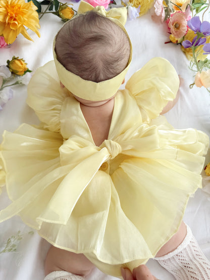 Scarlette Rose Canary Lemon Organza Baby Girl Party Romper