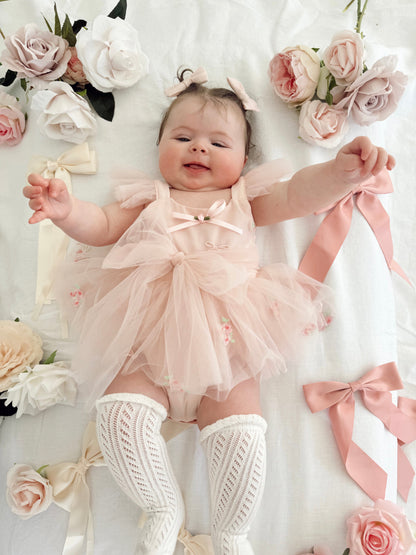 Belle Bow Perfect Pink Embroidered Baby Girl Tulle Party Romper