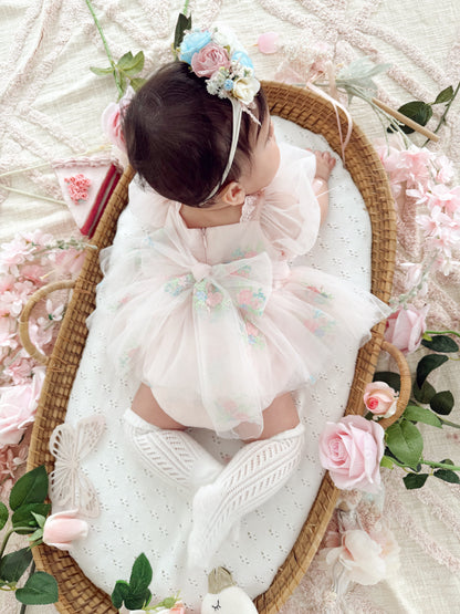 Peony Bloom Petal Pink Embroidered Baby Girl Tulle Party Romper