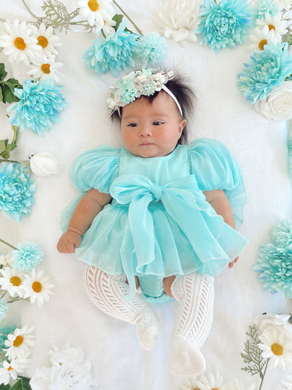 Dolly Turquoise Sky Organza Baby Girl Blue Party Romper