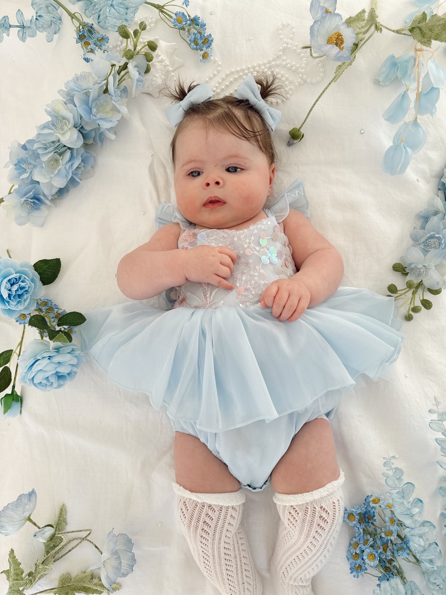 Ariel Ocean Blue Organza Sequin Baby Girl Party Romper