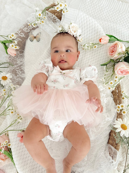Odessa Flower Perfect Pink Floral Baby Girl Tulle Party Romper