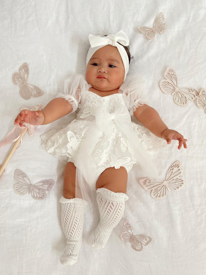 White Butterfly Kisses Baby Girls Embroidered Tulle Romper