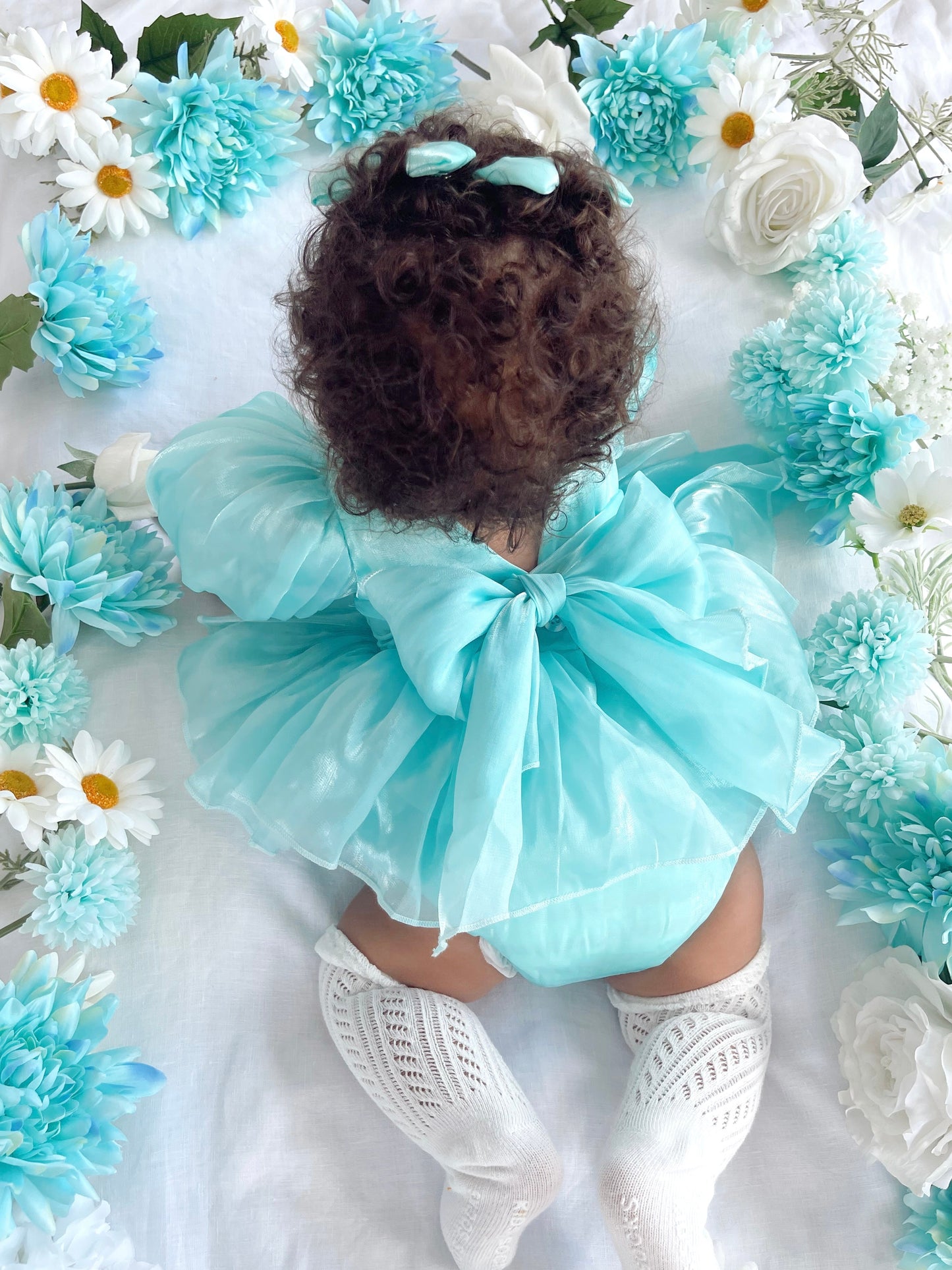 Dolly Turquoise Sky Organza Baby Girl Blue Party Romper