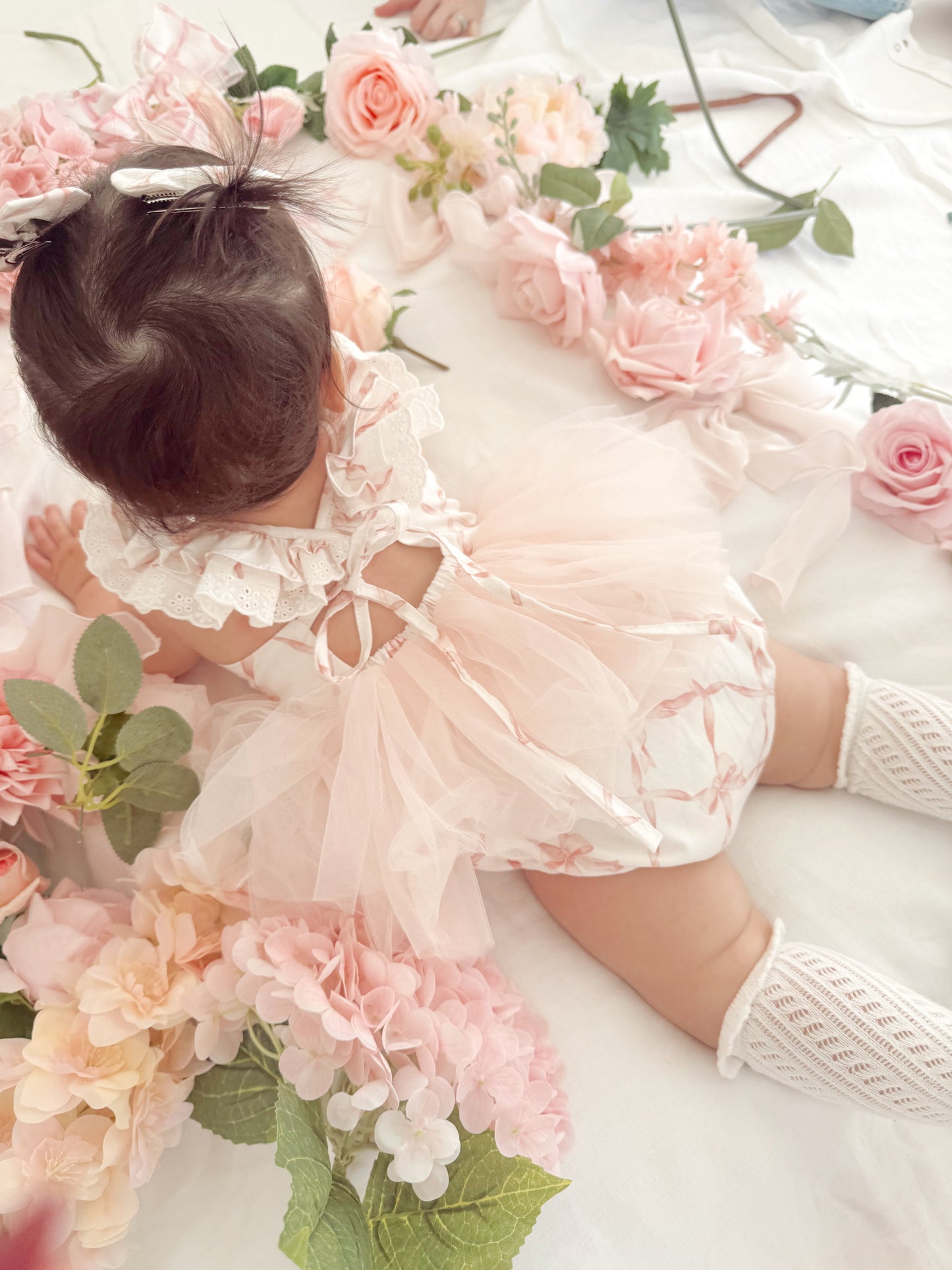 Rosette Pink Bow Baby Girl Tulle Party Romper