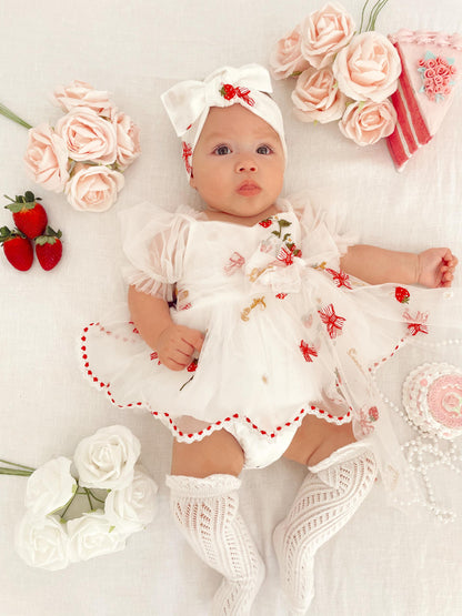 Strawberry Fields White Baby Girl Tulle Party Romper