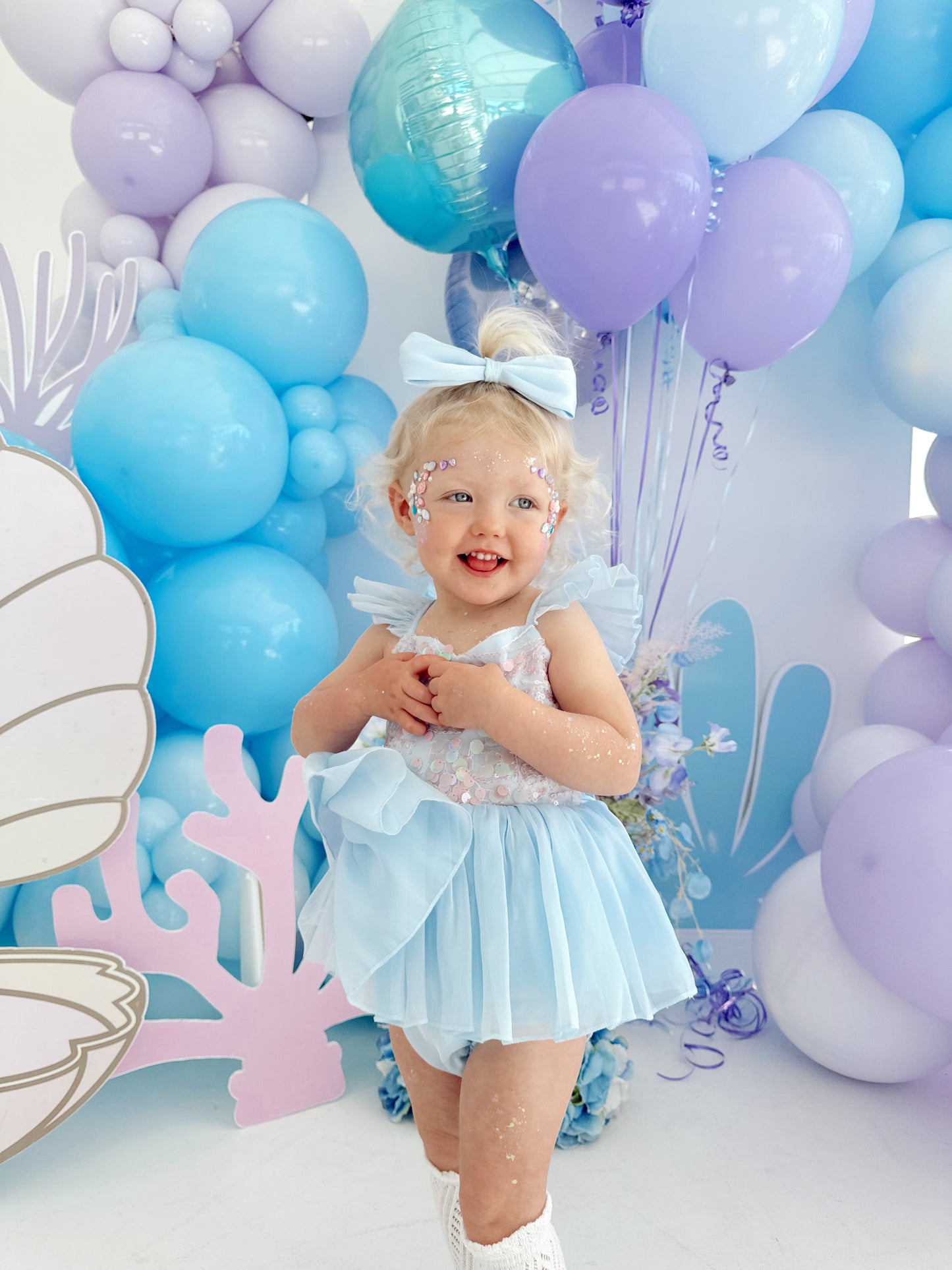 Ariel Ocean Blue Organza Sequin Baby Girl Party Romper
