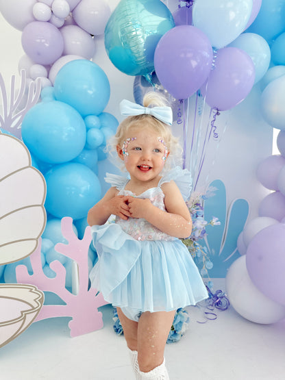 Ariel Ocean Blue Organza Sequin Baby Girl Party Romper