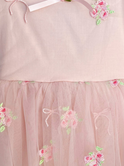 Belle Bow Perfect Pink Embroidered Baby Girl Tulle Party Romper