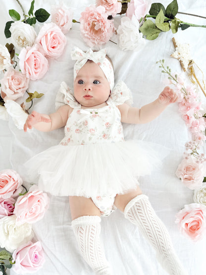 Cottage Fairy Baby Girl Floral White Tulle Party Romper