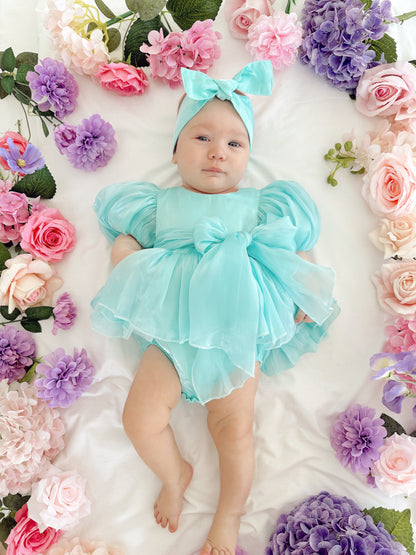 Dolly Turquoise Sky Organza Baby Girl Blue Party Romper