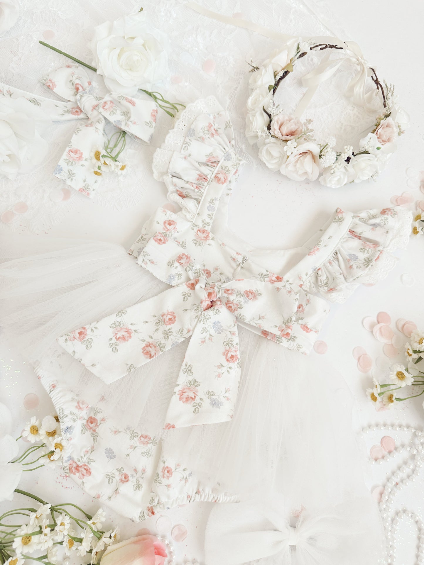 Cottage Fairy Baby Girl Floral White Tulle Party Romper