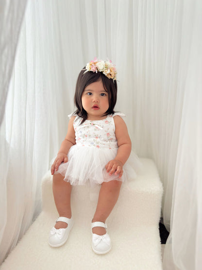 Cottage Fairy Baby Girl Floral White Tulle Party Romper