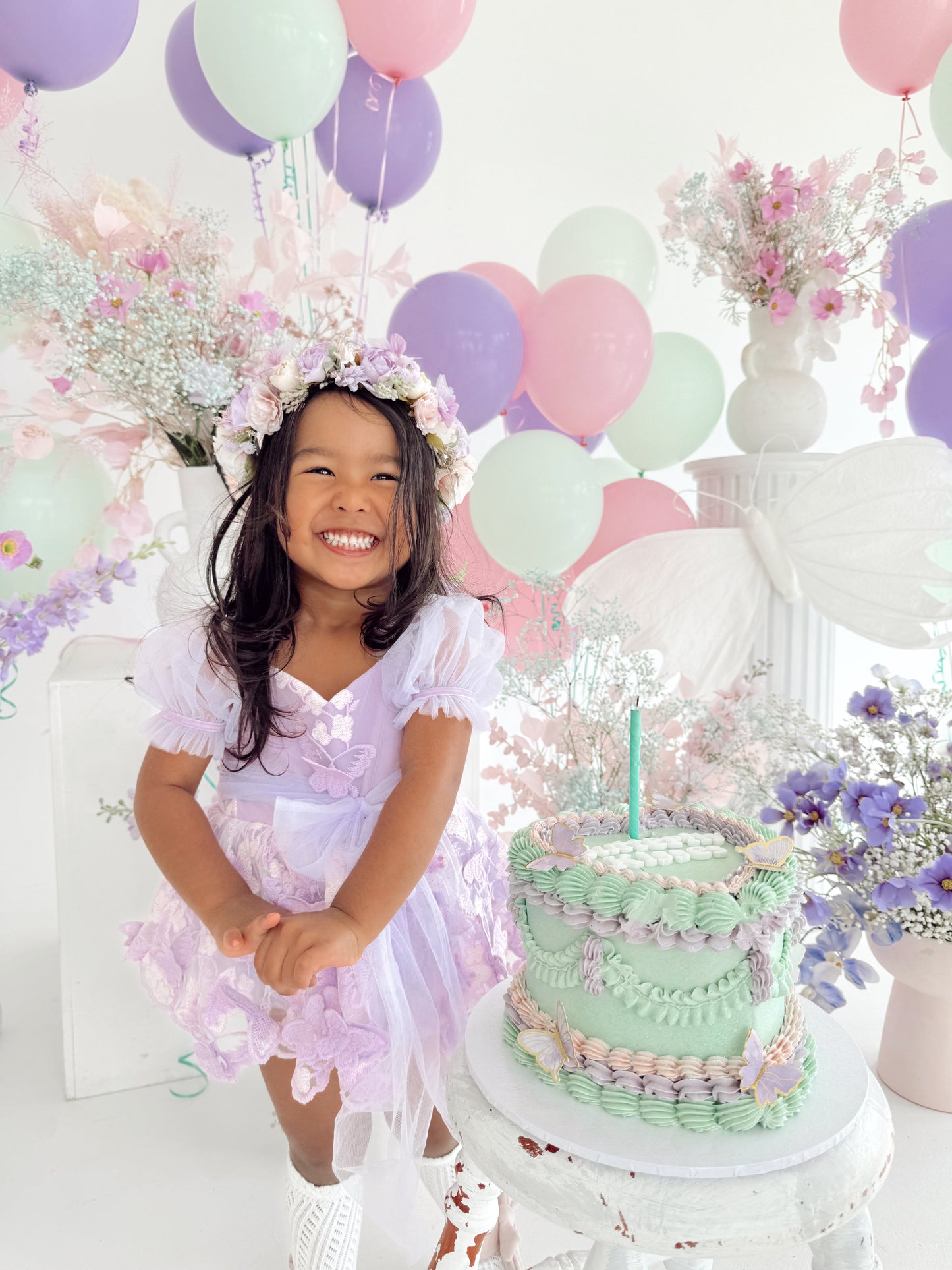 Butterfly Kisses Lilac Pink Rose Embroidered Baby Girl Tulle Party Romper