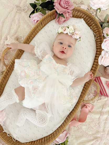 Josephine Lace Blossom Baby Girl Sequin White Tulle Party Romper