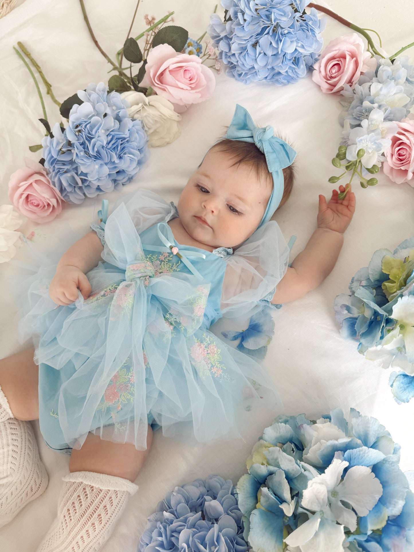 Afina Blue Embroidered Baby Girl Tulle Party Romper
