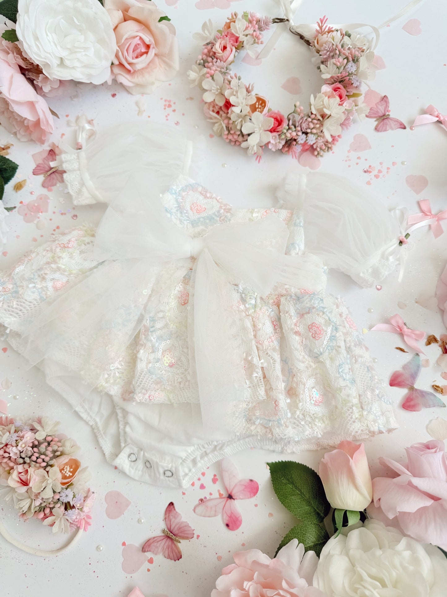 Josephine Lace Blossom Baby Girl Sequin White Tulle Party Romper