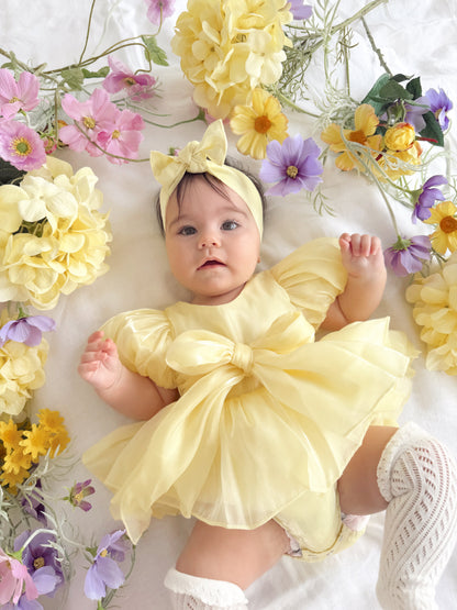Scarlette Rose Canary Lemon Organza Baby Girl Party Romper