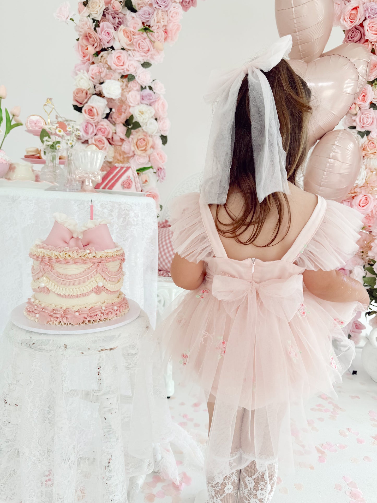 Belle Bow Perfect Pink Embroidered Baby Girl Tulle Party Romper