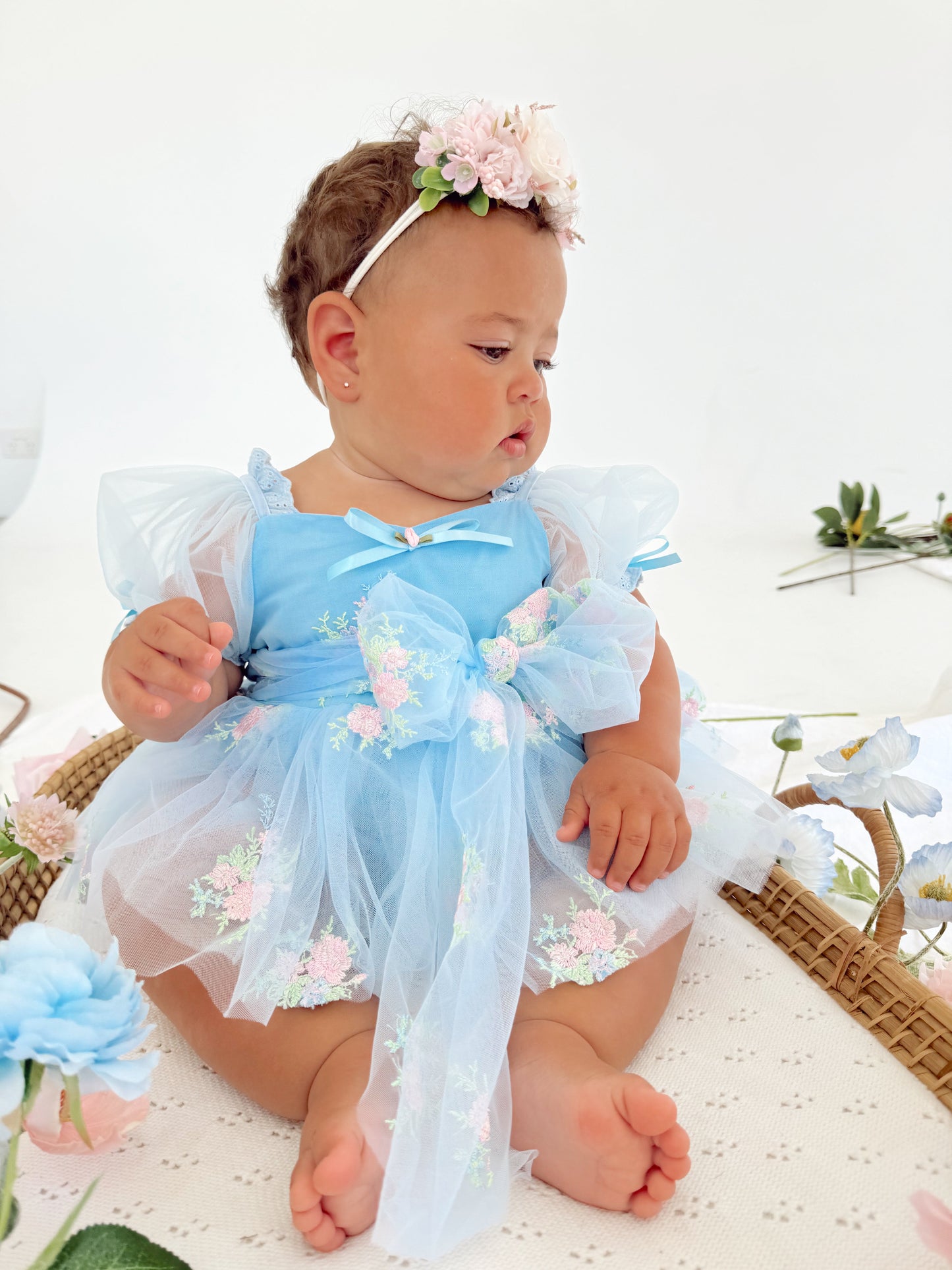 Afina Blue Embroidered Baby Girl Tulle Party Romper