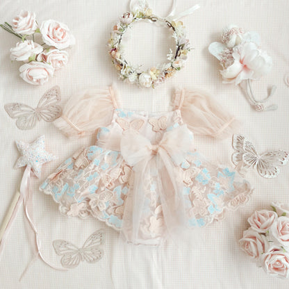 Butterfly Kisses Peach Rose Baby Girl Embroidered Tulle Party Romper