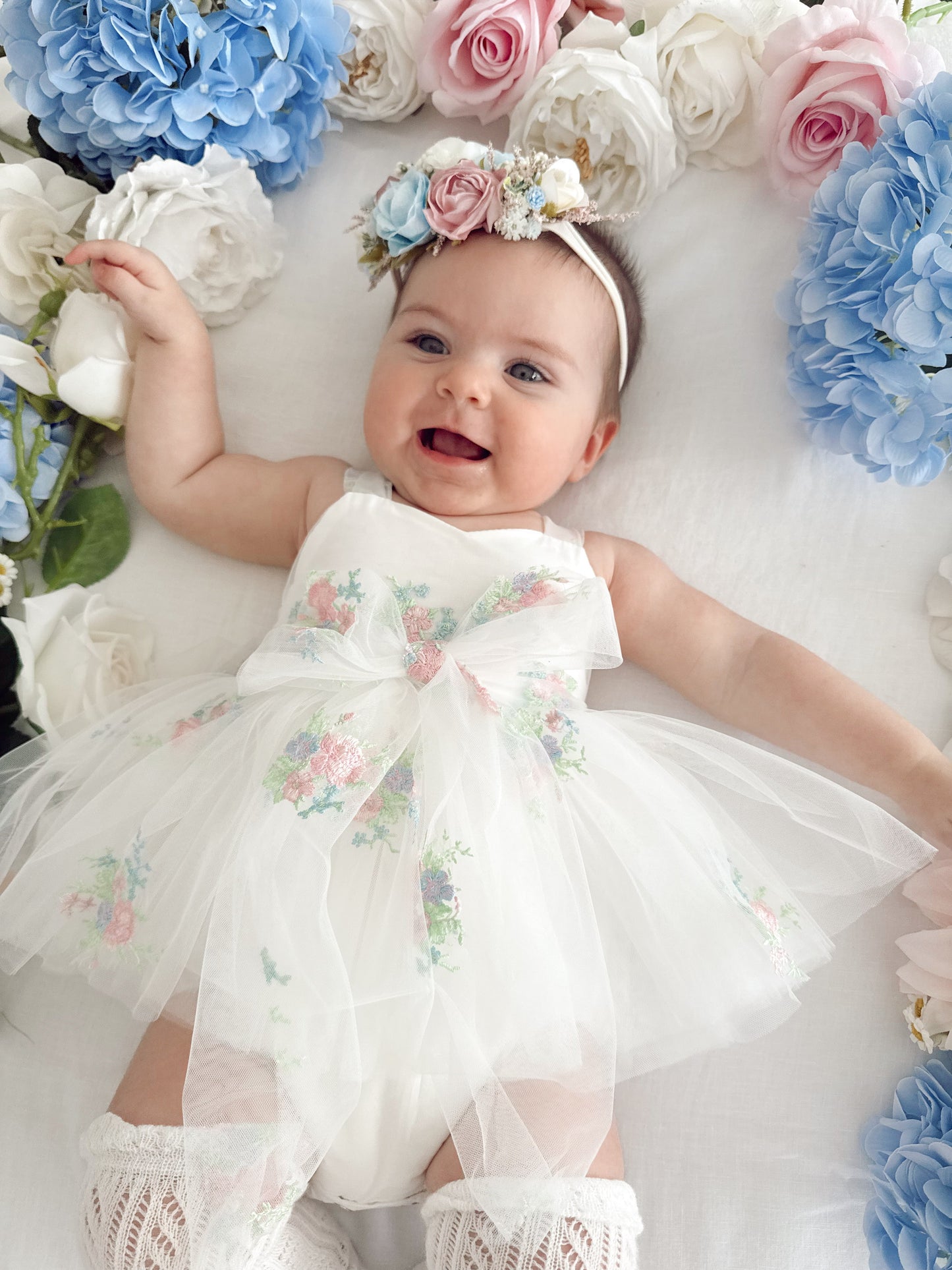Aletta White Embroidered Baby Girl Tulle Party Romper