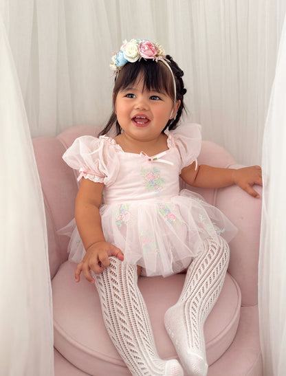 Peony Bloom Petal Pink Embroidered Baby Girl Tulle Party Romper