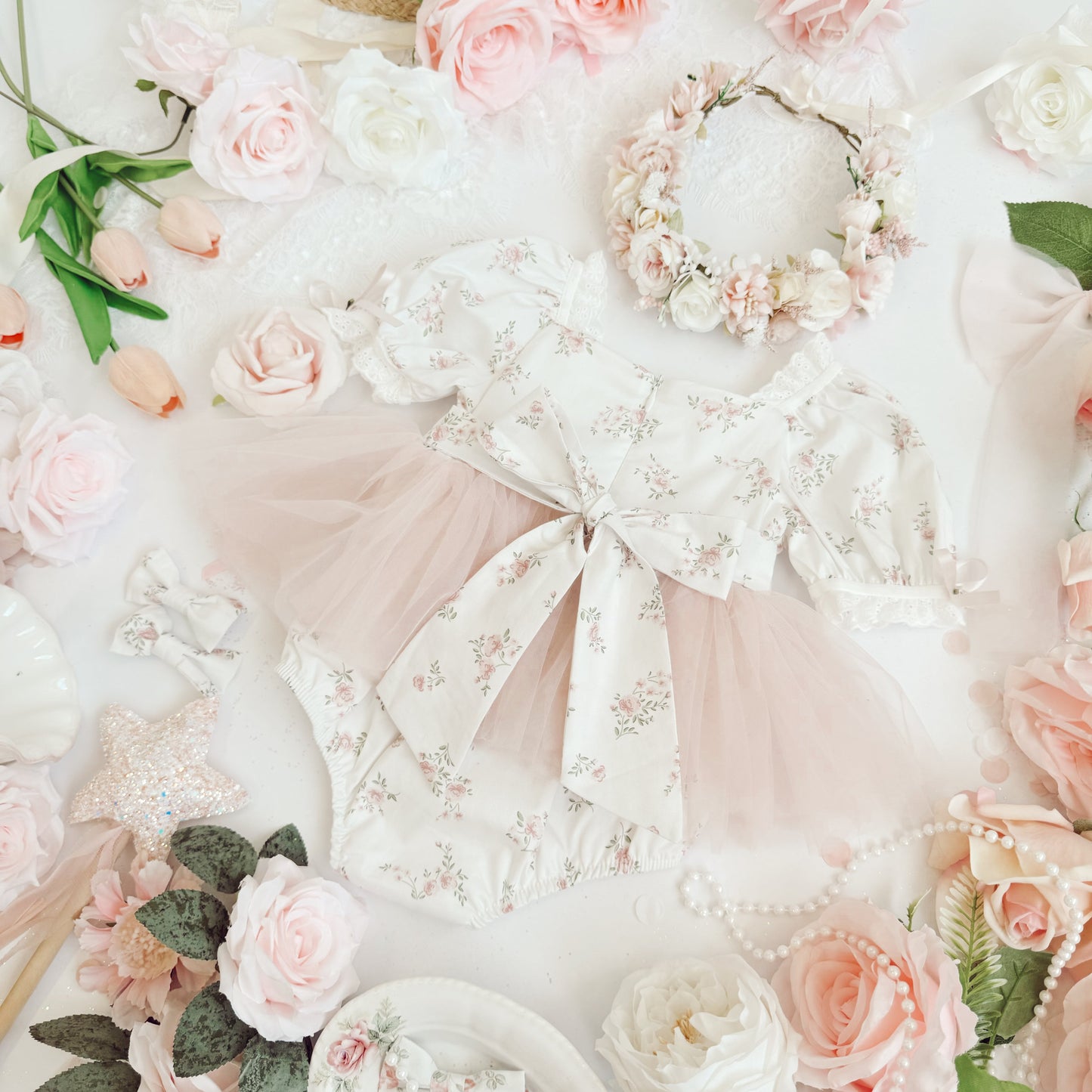 Odessa Flower Perfect Pink Floral Baby Girl Tulle Party Romper