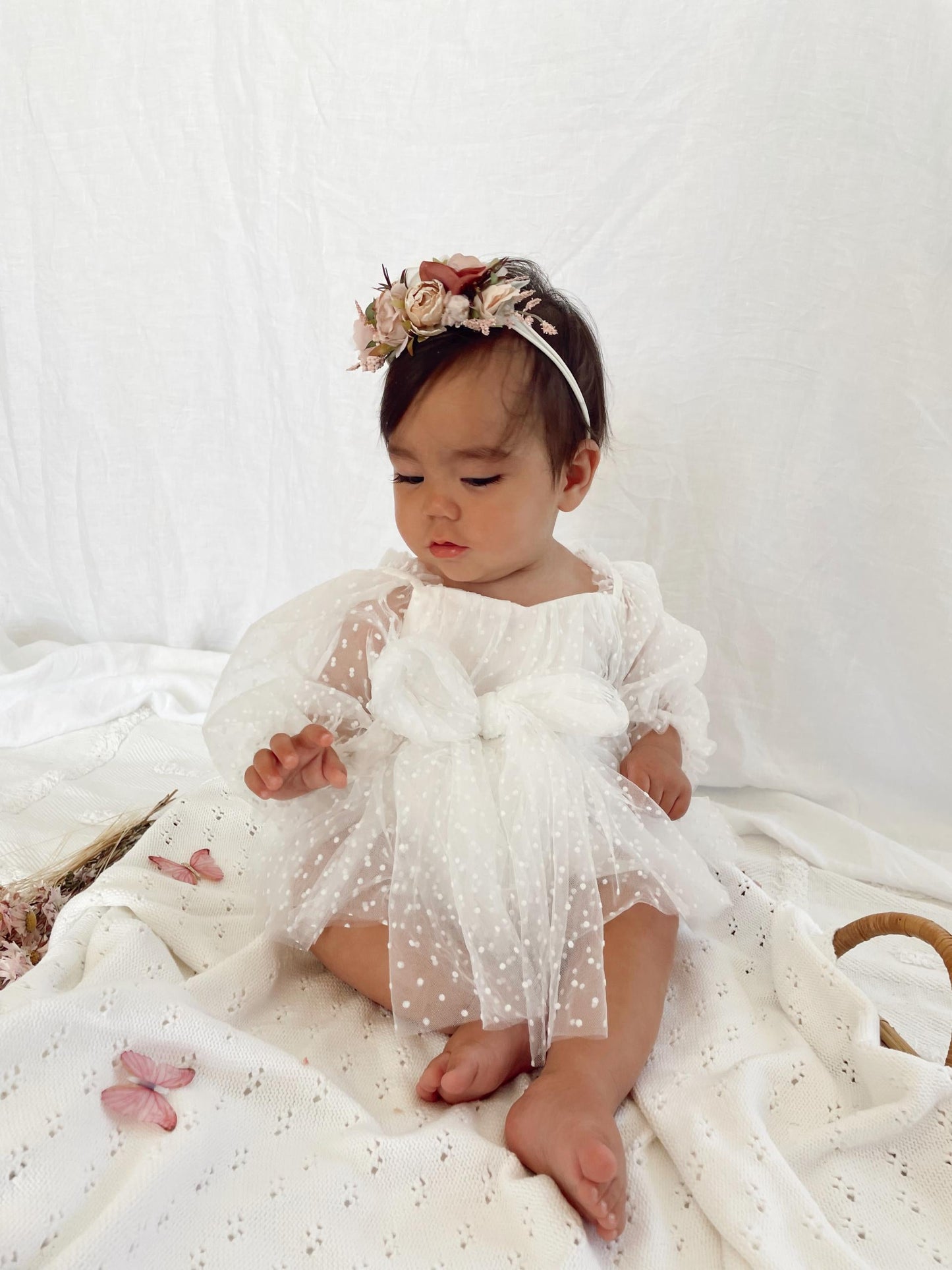 Swiss Dot Bloom White Baby Girl Tulle Romper