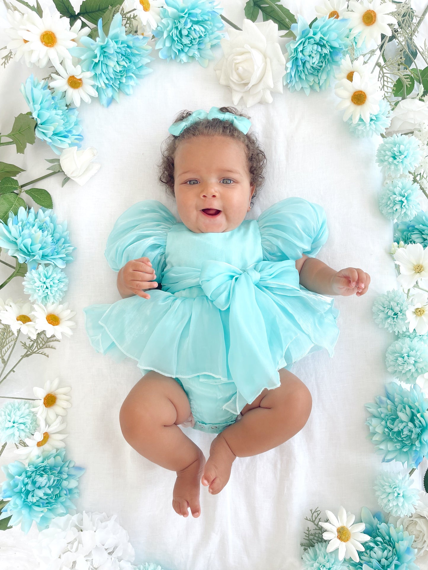 Dolly Turquoise Sky Organza Baby Girl Blue Party Romper