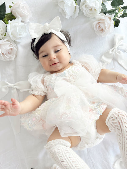 Josephine Lace Blossom Baby Girl Sequin White Tulle Party Romper