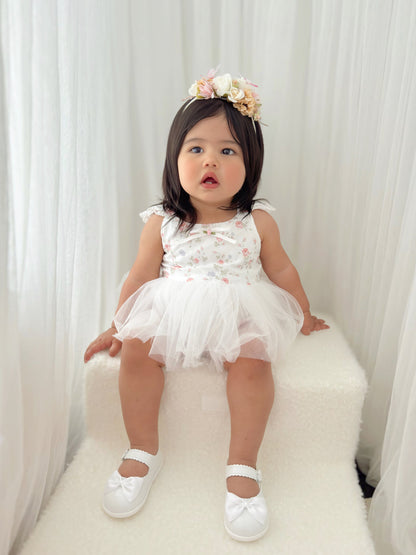 Cottage Fairy Baby Girl Floral White Tulle Party Romper