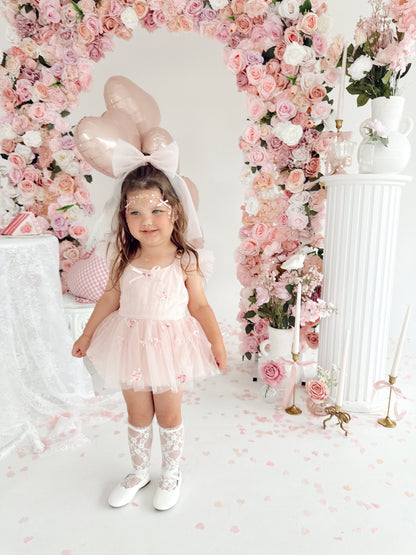 Belle Bow Perfect Pink Embroidered Baby Girl Tulle Party Romper
