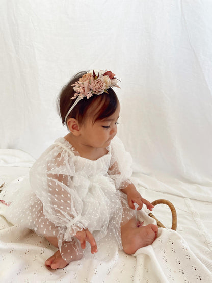 Swiss Dot Bloom White Baby Girl Tulle Romper